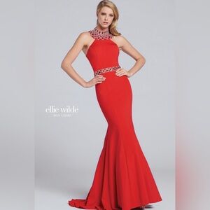 $478 Ellie Wilde Mon Cheri Red Dress Size 0 Formal Gown Prom Pageant Rhinestones